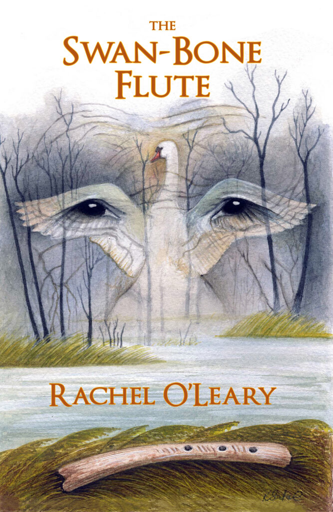 Cover image of The Swan-Bone Flute showing a drawing of a flute and a river in woodland